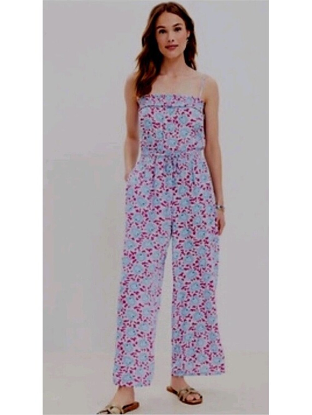 LOFT  Women's Pink Floral Smocked Ruffled Tiered Jumpsuit Size S
